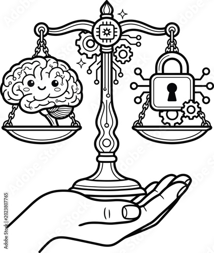AI Ethics and Data Privacy Concept with Brain and Cyber Security Lock Balanced on Scale Coloring Page