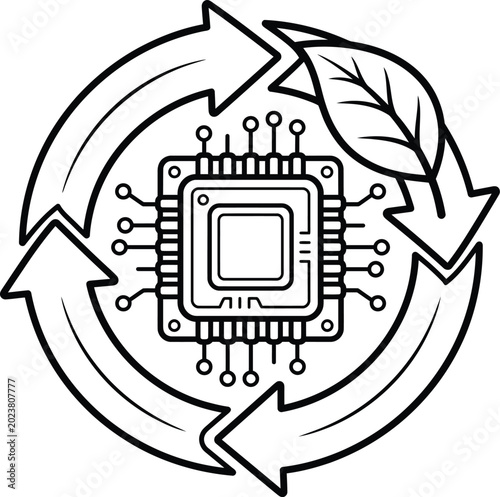 E Waste Recycling Concept with Microchip and Circular Arrows with Green Leaf Line Art