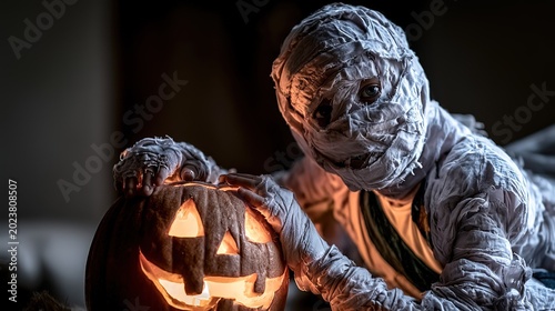 Halloween Child in Tattered Mummy Wrap Costume Holding Glowing Jack-O'-Lantern in Spooky Dark Indoor Room