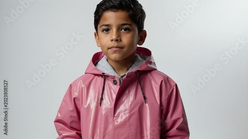Young Hispanic boy in pink themed raincoat on background 