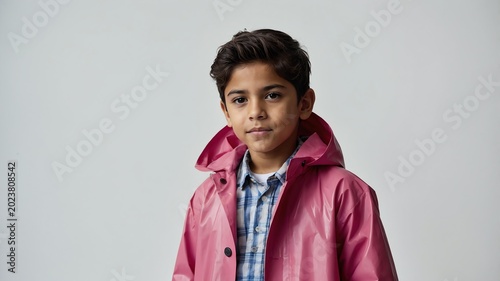 Young Hispanic boy in pink themed raincoat on background 