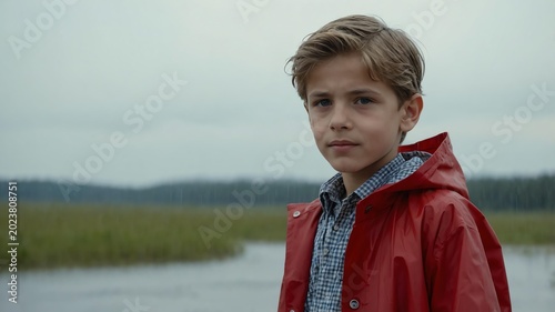 Young Caucasian boy in red themed raincoat on background 