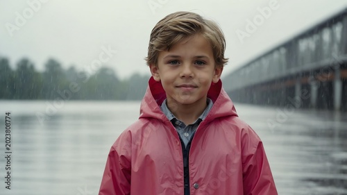 Young Caucasian boy in pink themed raincoat o background 