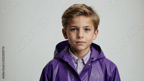 Young Caucasian boy in purple themed raincoat background 
