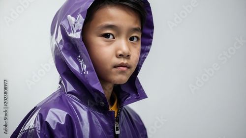 Young Asian boy in purple themed raincoat on background 