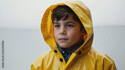 Young American boy in yellow themed raincoat background 