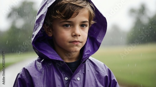 Young American boy in purple themed raincoat background 