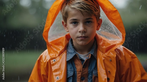 Young American boy in orange themed raincoat background 