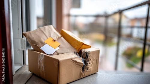 Cardboard package damaged during courier transport arrives at the recipient's door