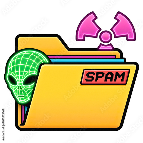 Retro SPAM folder with alien  80s pixel art, spam icon, neon cyberpunk illustration