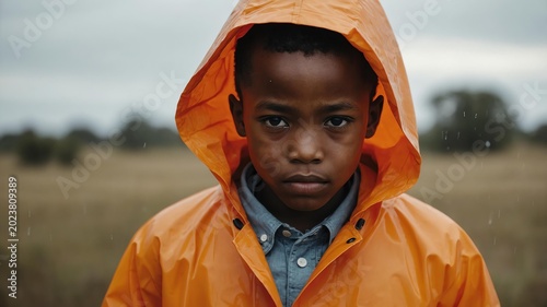Young African boy in orange themed raincoat o background 