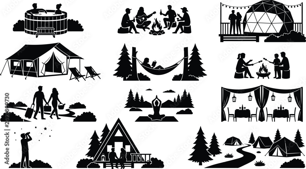 Obraz premium People enjoying camping and outdoor activities isolated on white background, Vector