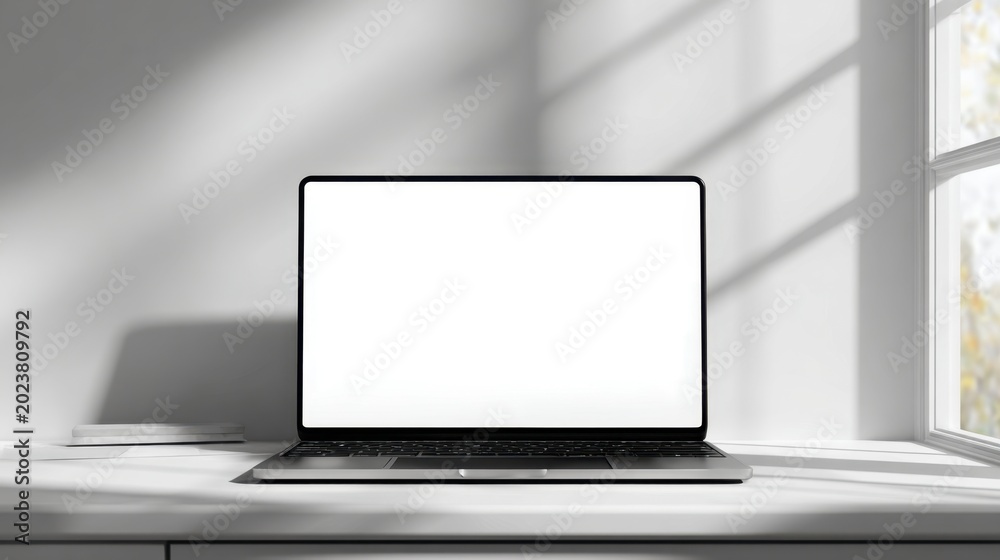 Fototapeta premium Modern laptop computer with blank white screen on desk near window in bright sunlight