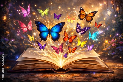 mariposas a aparecen como criaturas mágicas que emergen de un libro encantado