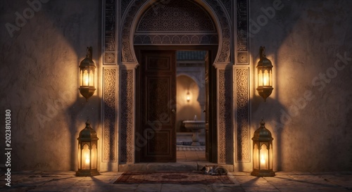 Mysterious Dark Archway Entrance with Four Glowing Lanterns leading to Inner Courtyard