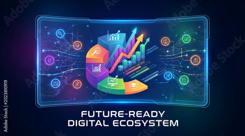 Future ready digital ecosystem with colorful graphs and charts on a screen