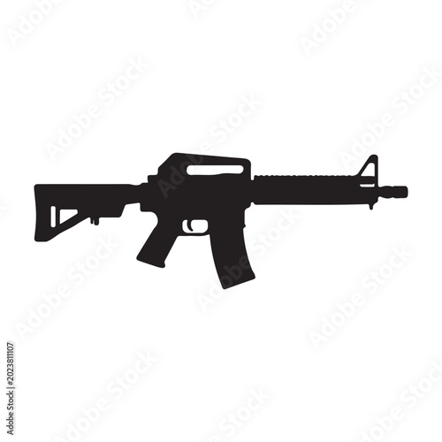 Billede på lærred Tactical Carbine Assault Rifle Silhouette Vector Icon Black and White Weapon Ill