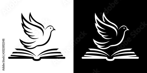 Obraz na płótnie Open Book Logo Vector, Flying Bird Silhouette on Bible Icon, Education Publishin