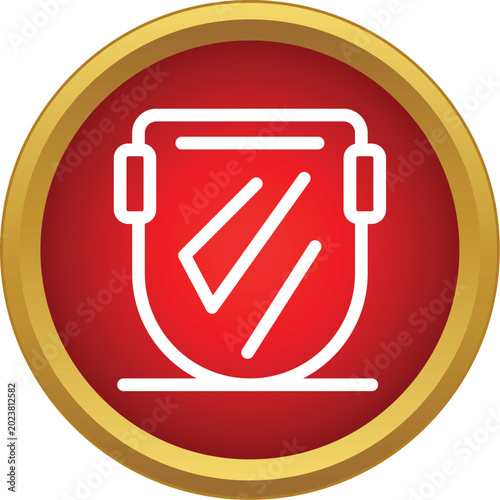 Welding mask outline in a protective red and gold circular frame