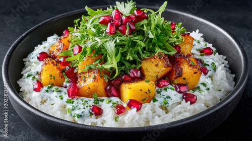 Fruits in savory dishes, Savory rice bowl with roasted pumpkin and pomegranate topping.