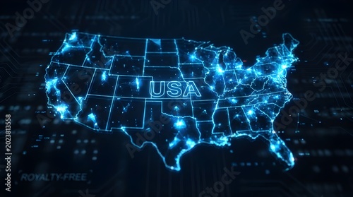 Glowing digital map of the United States with interconnected network lines