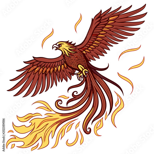 Canvastavla Mythical phoenix bird rising in fire flames illustration with mythical, majestic