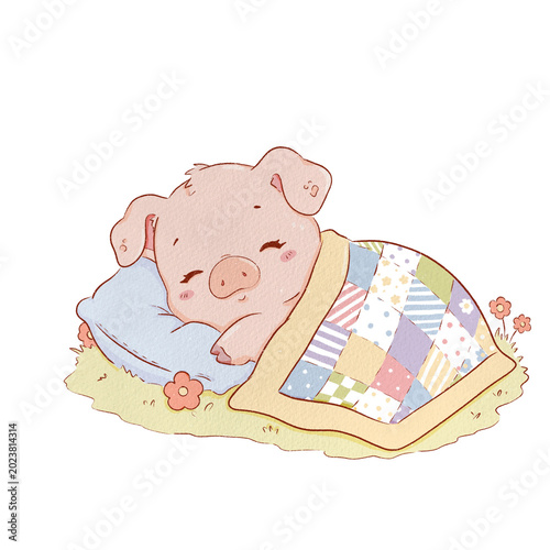 Cute Sleeping Pig Watercolor Illustration with Patchwork Blanket