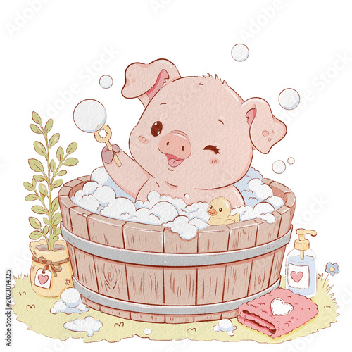 Cute Pig Bath Time Watercolor Illustration with Bubbles