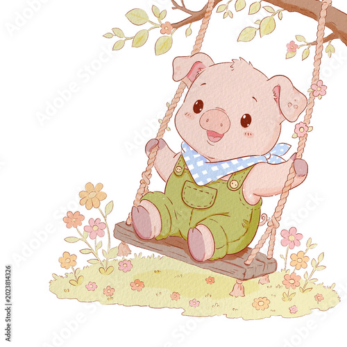 Cute Pig on Swing Watercolor Illustration