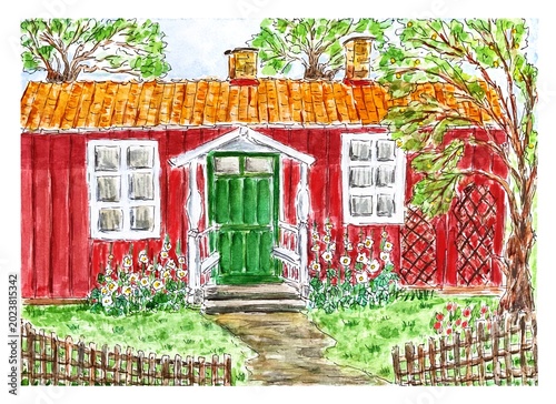Scandinavian countryside cottage, watercolor illustration