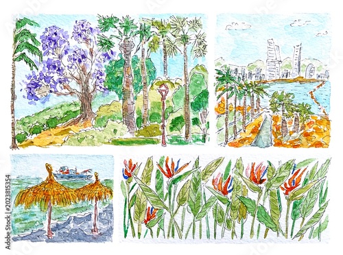 Tropical seaside landscape collection, watercolor illustration
