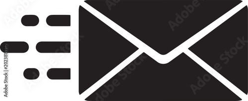 A black silhouette of an envelope in motion, with dashed lines indicating rapid delivery, representing email or fast mail service also transparent background