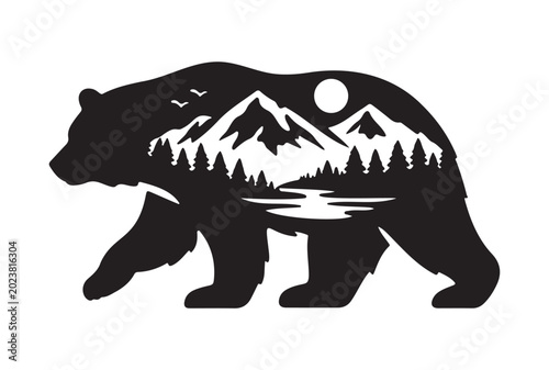 Walking bear silhouette with integrated mountain forest landscape vector on white background