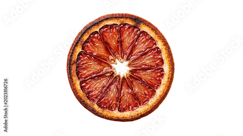 Dehydrated blood orange slice with dried texture isolated on transparent background for decoration.