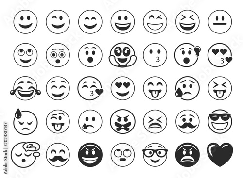 Black and White Emoji Face Expression Icon Pack Collection with Happy Sad Angry Love Wink Cool and Funny Mood Icons
