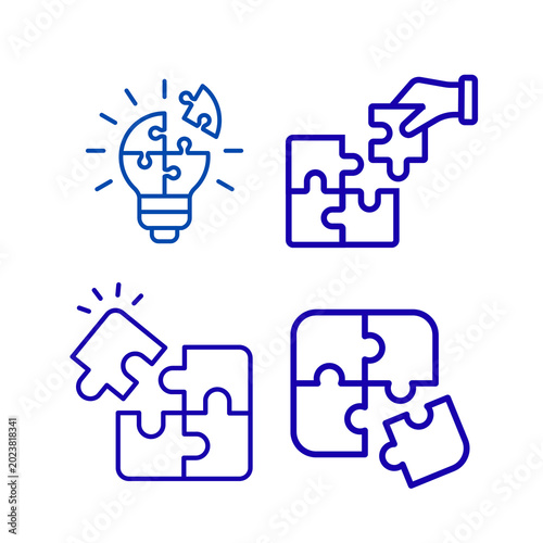 Puzzle Icons Set: Idea, Solution, Teamwork, isolated on transparent background