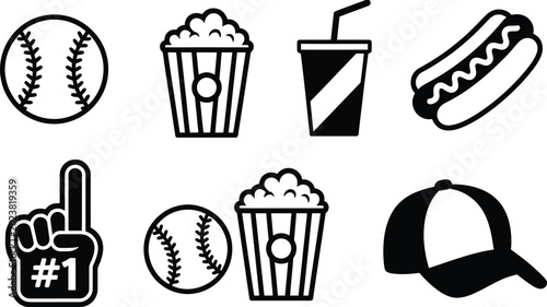 Cuadro en lienzo black and white baseball snack food foam finger and cap icons set vector sports
