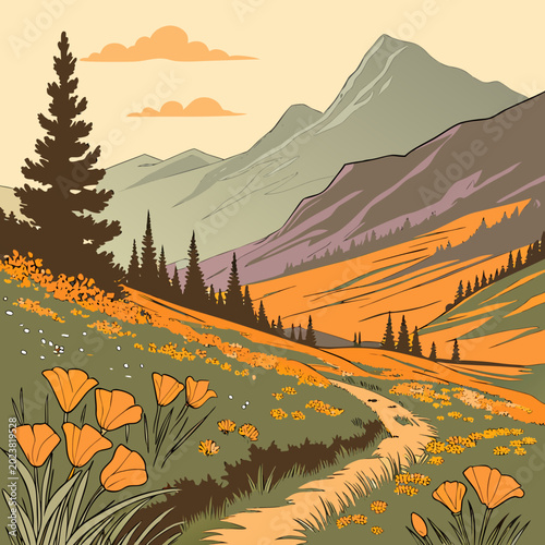 Schilderij op canvas Mountain valley with wildflowers and a path stylized illustration mountains