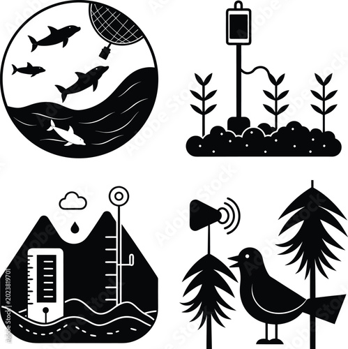 Marine wildlife monitoring soil sensor weather tracking bioacoustic audio vector set
