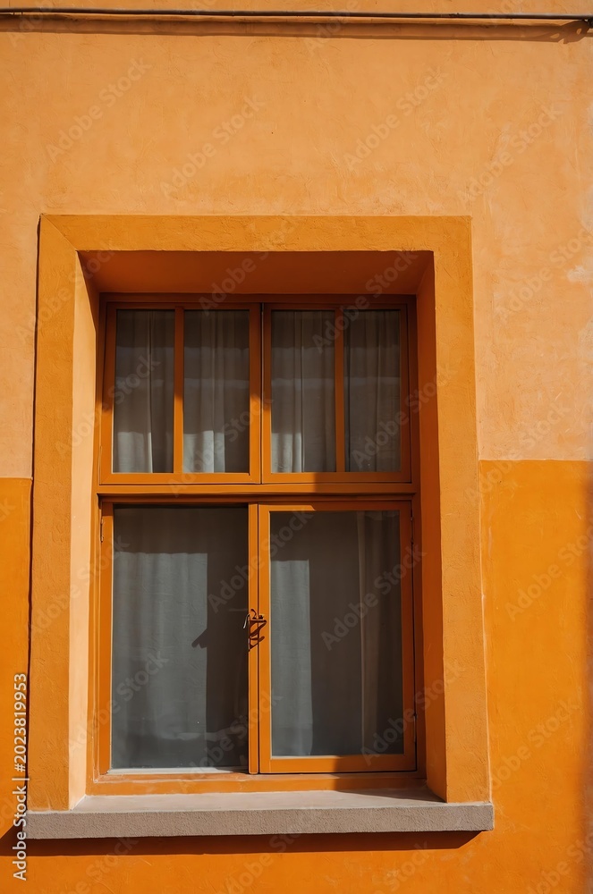 Obraz premium Portrait of yellow window on orange wall background