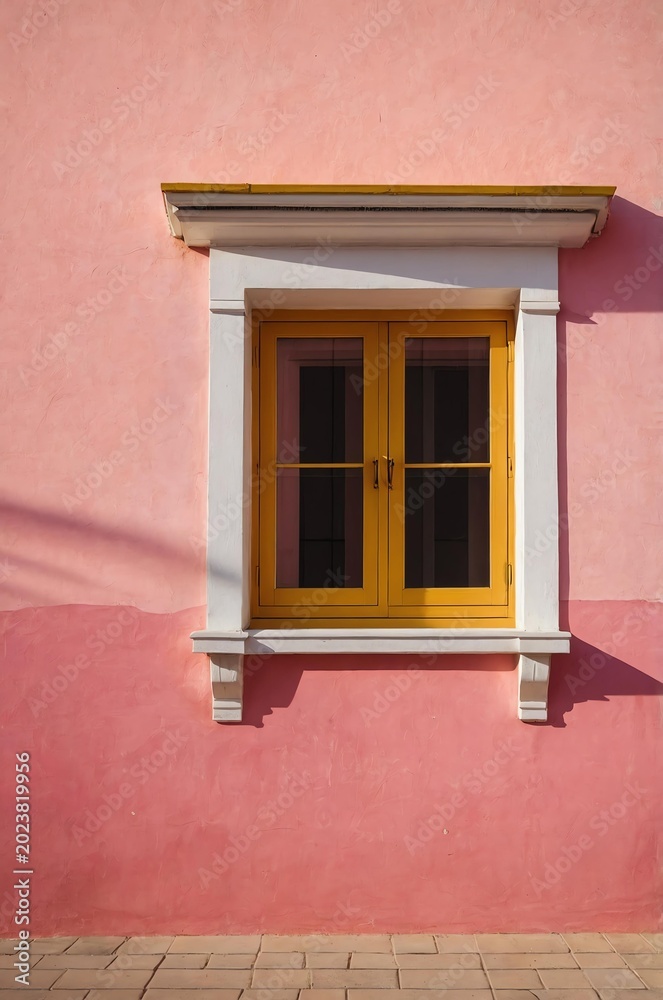 Fototapeta premium Portrait of yellow window on pink wall background 