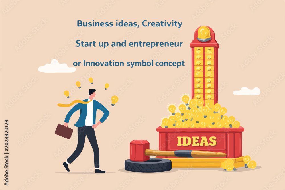 Fototapeta premium Business ideas, creativity, start up and entrepreneur light bulb symbol concept, smart businessman with lot of ideas standing with gumball Big Desk machine with abundance of lightbulb ideas