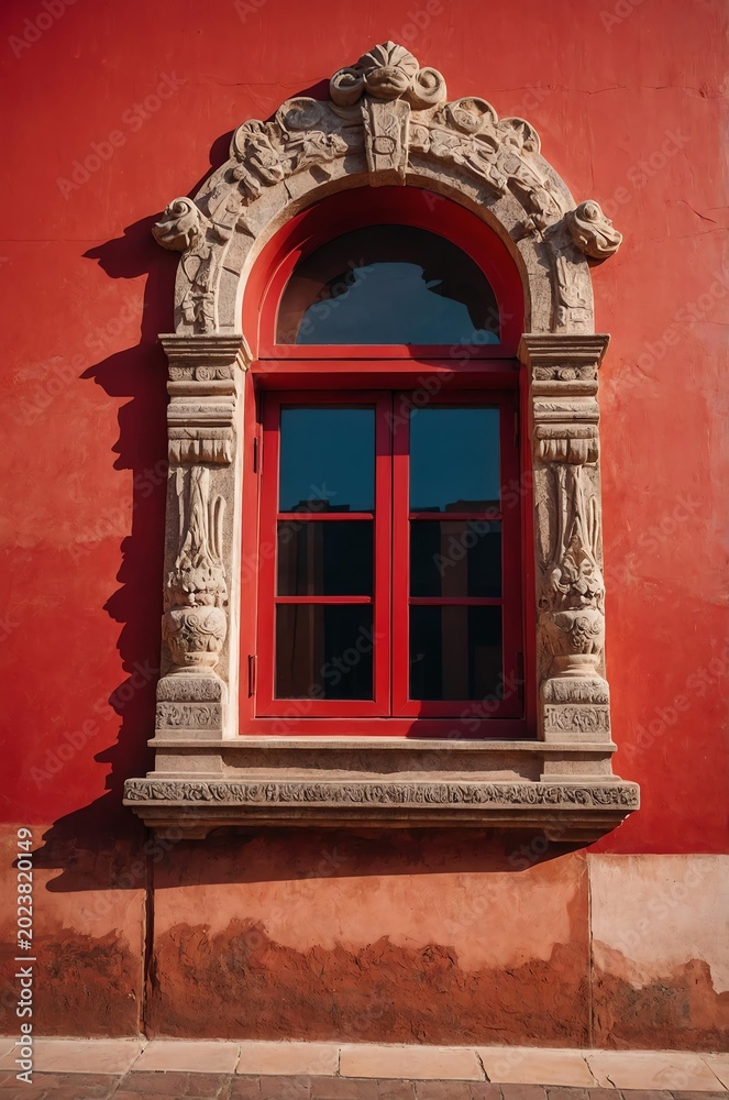 Obraz premium Portrait of red window on red wall background