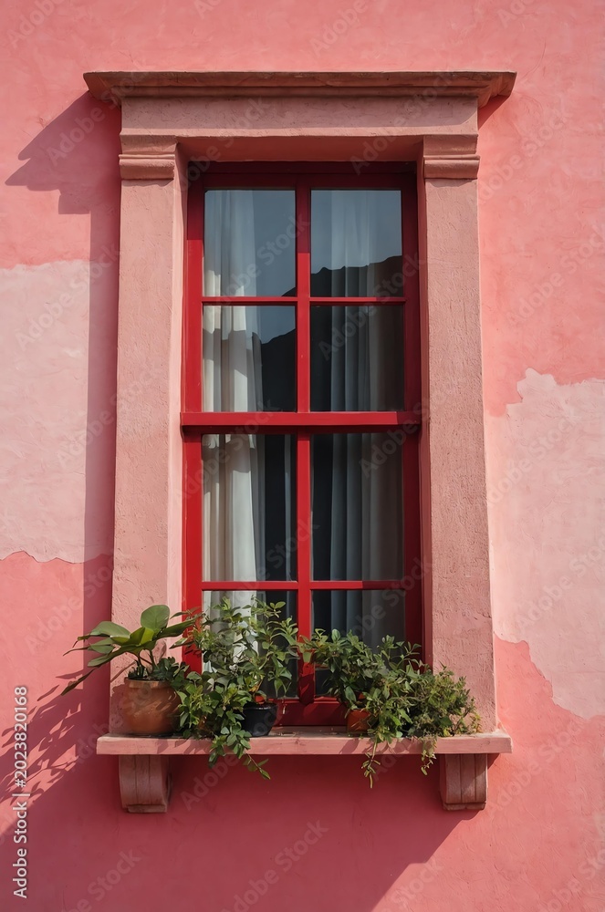 Fototapeta premium Portrait of red window on pink wall background 