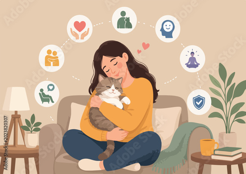 Pet Therapy give emotional support, companionship, friendship, reduce stress and loneliness, heal depression and anxiety, positive mental health, happy woman hold her beloved cat comforting emotion