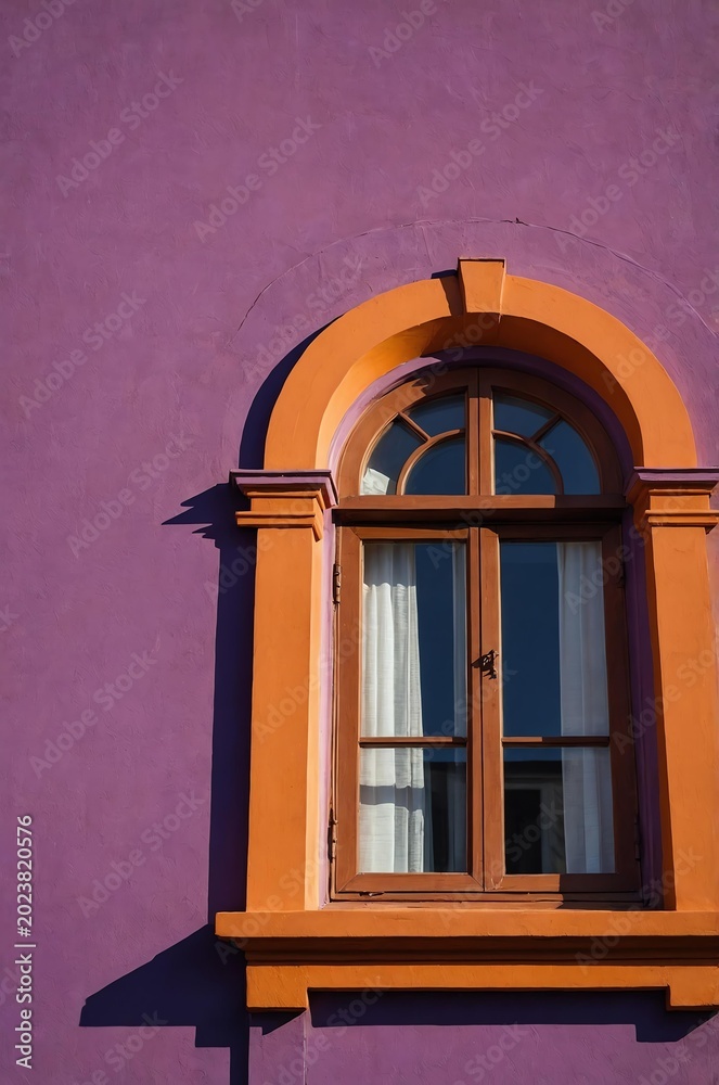 Obraz premium Portrait of orange window on purple wall background 