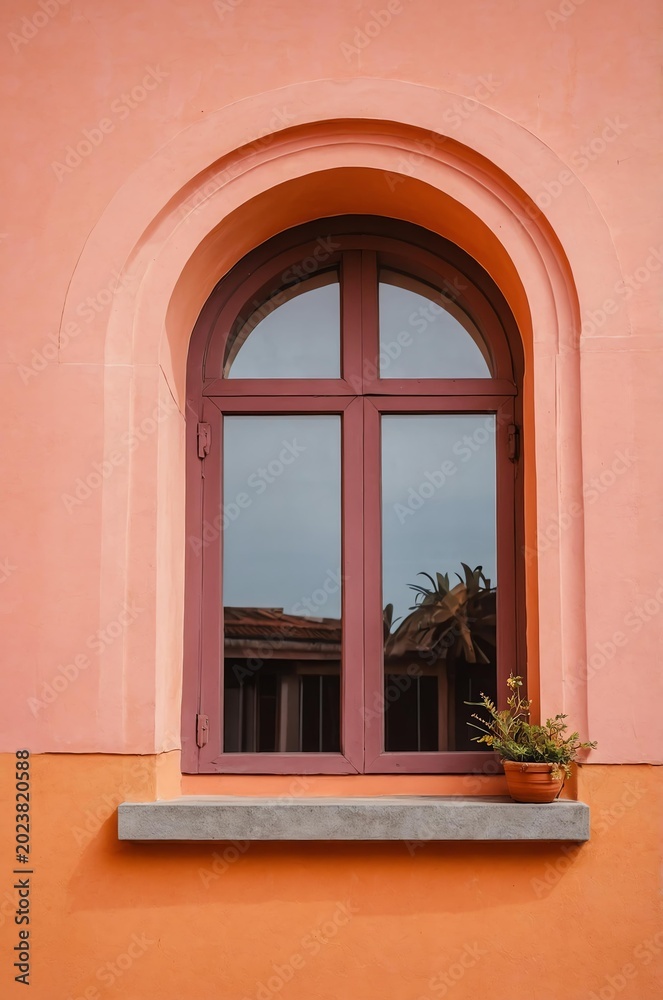 Obraz premium Portrait of orange window on pink wall background 
