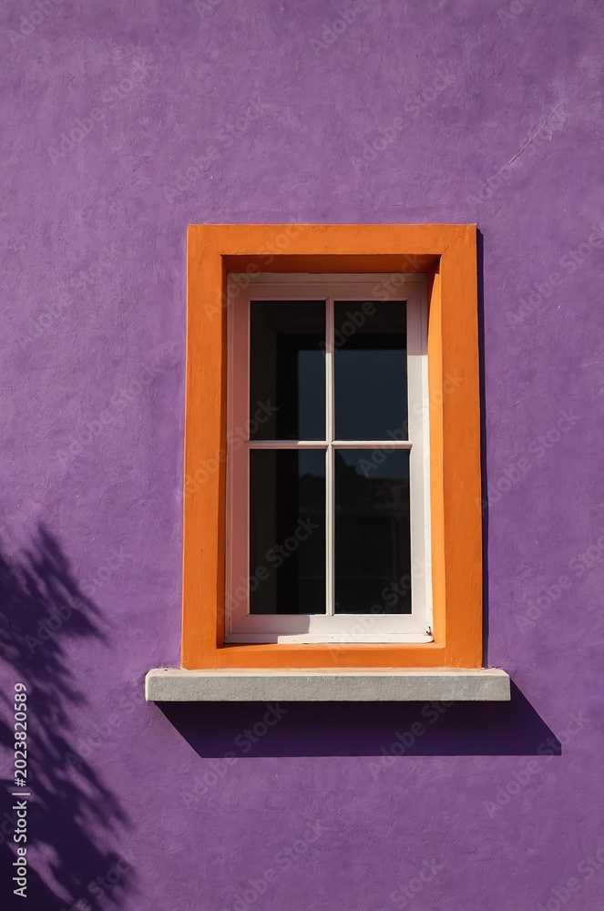 Obraz premium Portrait of orange window on purple wall background 