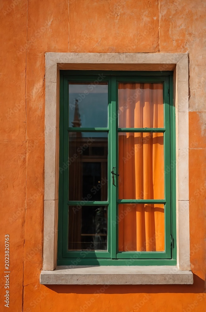 Obraz premium Portrait of green window on orange wall background