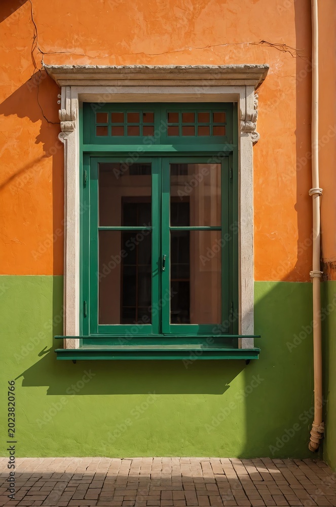 Obraz premium Portrait of green window on orange wall background 